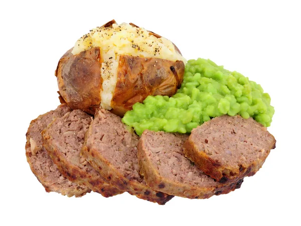 Baked Beef Pork Meatloaf Jacket Potato Mushy Peas Meal Isolated — Stock Photo, Image