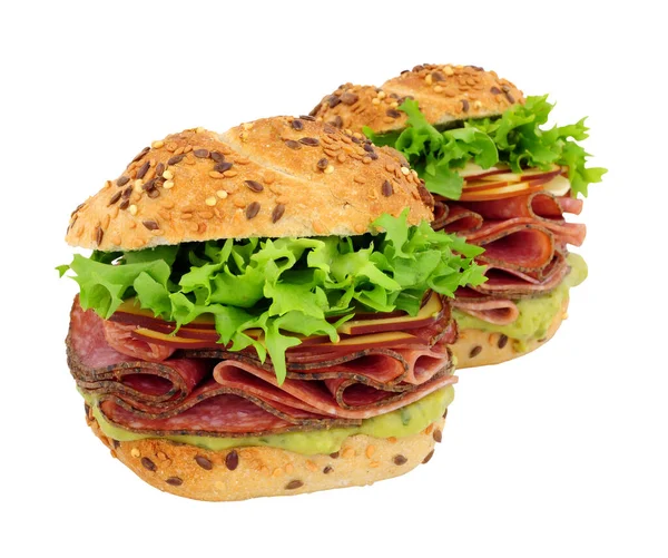 German Style Salami Cheese Filled Sandwich Rolls Fresh Lettuce Guacamole — Stock Photo, Image