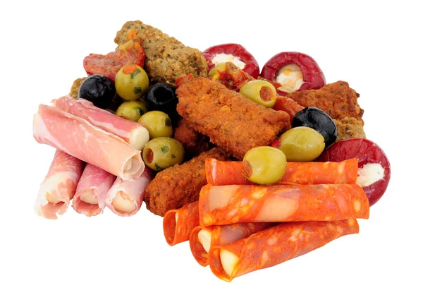 Group Savoury Appetizer Snacks Including Stuffed Olives Lamb Chicken Koftas — Stock Photo, Image