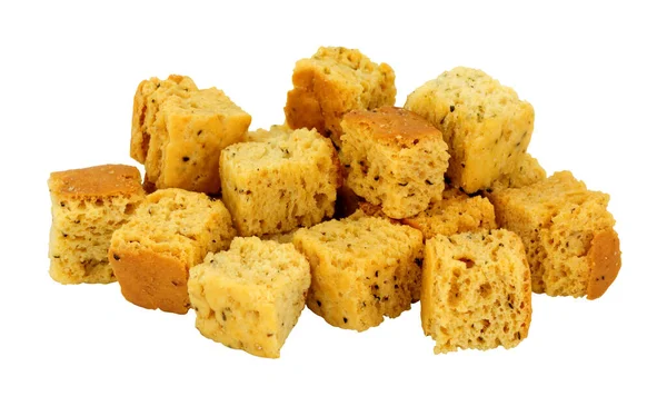 Grupo Croutons Cubo Pão Crocante Cozido Forno Isolado Fundo Branco — Fotografia de Stock