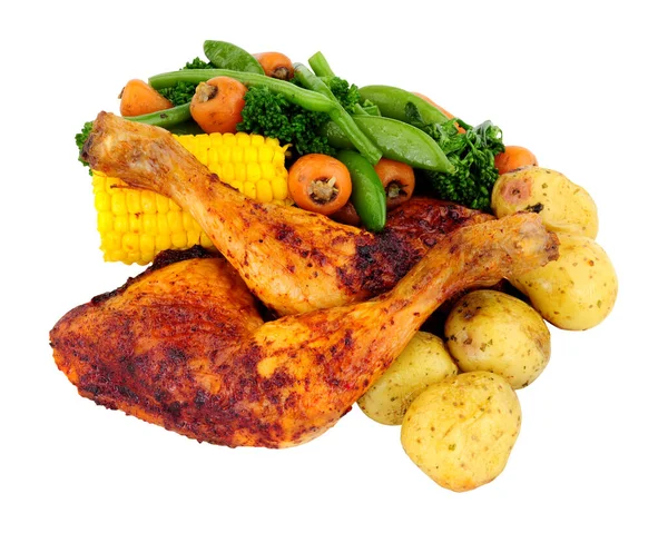 Ψητό Piri Piri Κοτόπουλο Γεύμα Πόδι Λαχανικά Που Απομονώνονται Λευκό — Φωτογραφία Αρχείου