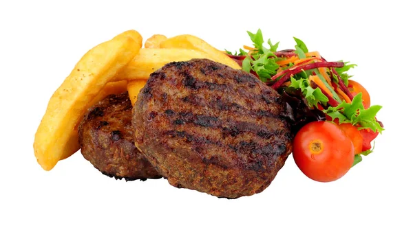 Rundvlees Hamburger Dikke Chips Maaltijd Met Verse Salade Geïsoleerd Een — Stockfoto