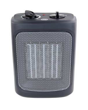 Küçük portatif seramik pervane ısıtıcısı beyaz arka planda izole edildi