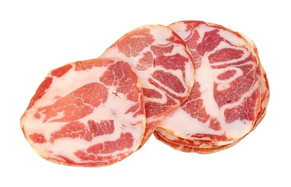 意大利传统的干烤猪肉片 在白色背景下分离出来 — 图库照片