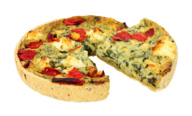 Spinach and red pepper quiche with feta cheese isolated on a white background clipart