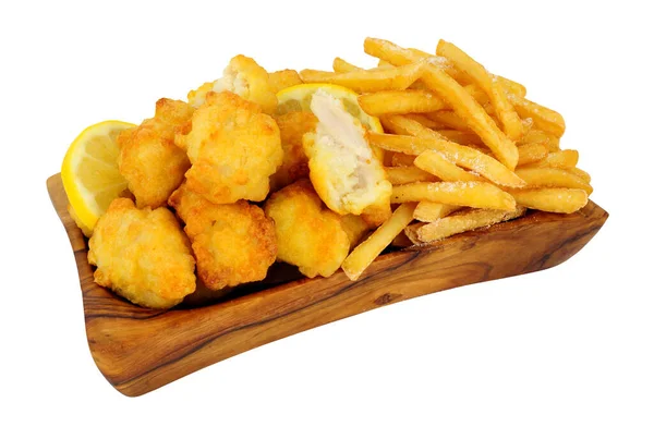 Tempura Battered Chicken Nuggets French Fries Olive Wood Serving Dish — Stock Photo, Image