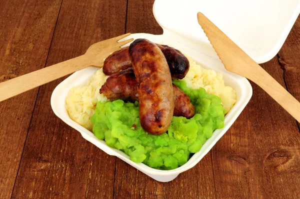 Sausages Mashed Potato Mushy Peas Meal Take Away Box Wooden — Stock Photo, Image