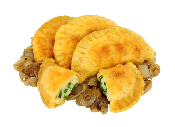 Gruppe Mit Kartoffeln Und Käse Gefüllte Pierogi Knödel Mit Gebratenen — Stockfoto