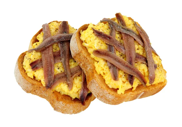 Polla Madera Escocesa Huevos Ligeramente Revueltos Tostadas Coronadas Con Filetes —  Fotos de Stock