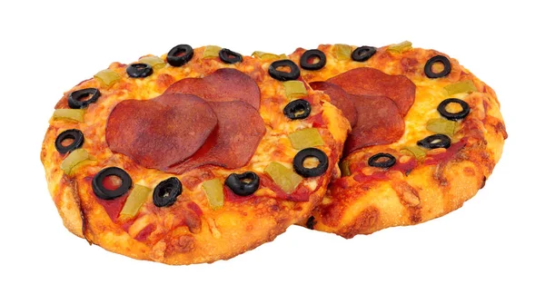 Pequenas Pizzas Pão Chato Pimenta Queijo Isoladas Fundo Branco — Fotografia de Stock