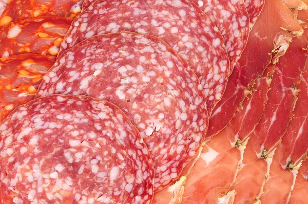 Wędzone Prosciutto Tło Produktów Mięsnych Salami — Zdjęcie stockowe