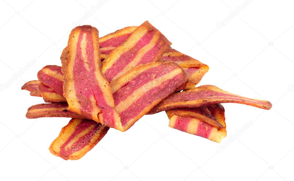 Fried crispy meat free plant based bacon rashers isolated on a white background