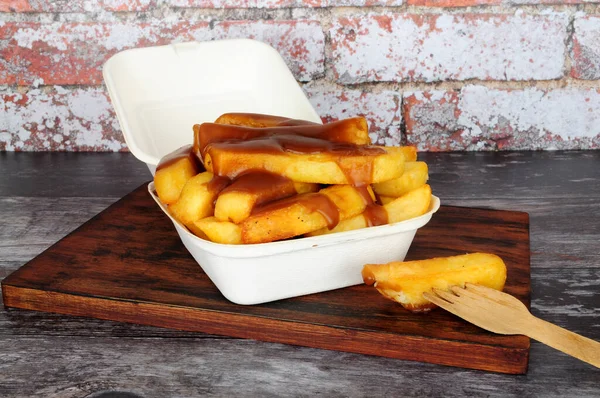 Chips Sauce Dans Une Boîte Emporter Avec Couvercle — Photo