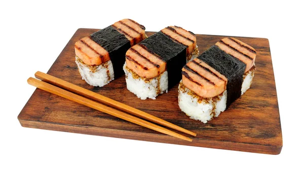 Spam Musubi Met Gegrild Varkensvlees Sushi Rijst Gewikkeld Met Geroosterd — Stockfoto