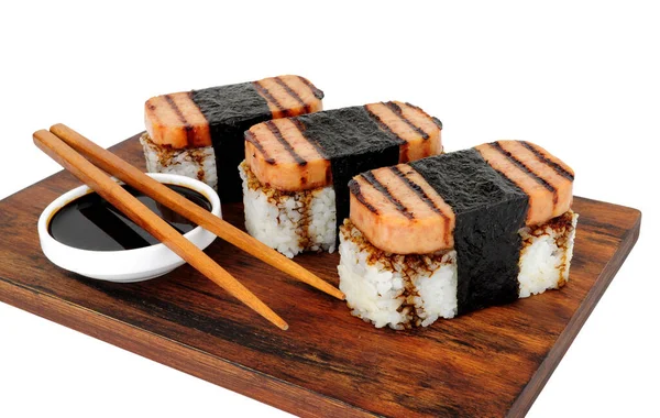 Spam Musubi Med Grillat Fläsk Lunch Kött Och Sushi Ris — Stockfoto