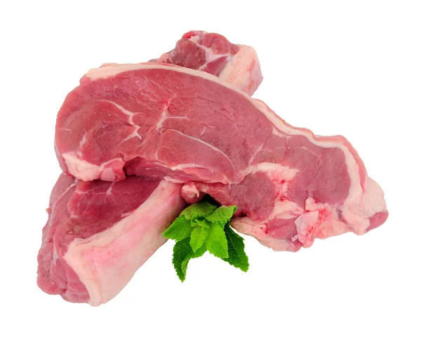 Twee Verse Rauwe Lamsvlees Rump Steaks Geïsoleerd Een Witte Achtergrond — Stockfoto