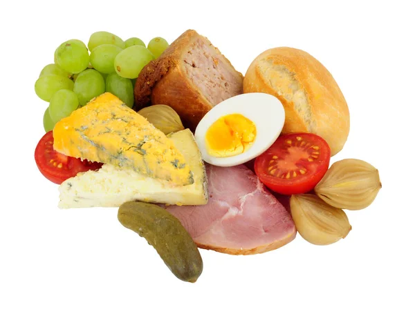 Ploughmans Lunch Cheese Ham Boiled Egg Pickles Isolated White Background — Stock Photo, Image