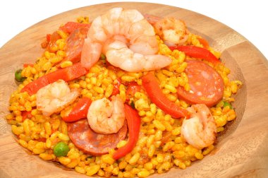 Karides ve Chorizo Paella ahşap kase