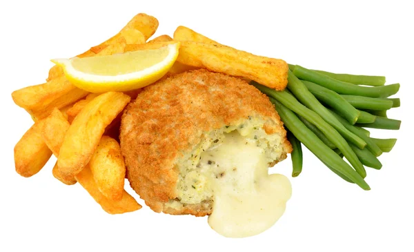 Cheese Filled Fish Cake And Chips Meal — Stock Photo, Image