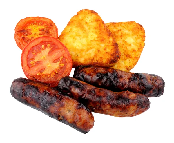 Sausages And Grilled Tomatoes With Hash Browns — Stock Photo, Image