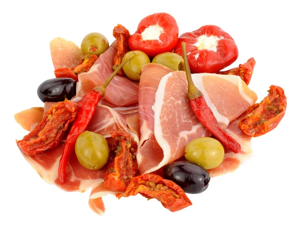 Sliced Serrano Ham With Olives And Peppers — Stock Photo, Image