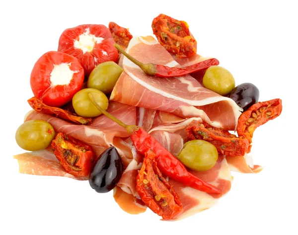 Sliced Serrano Ham With Olives And Peppers — Stock Photo, Image