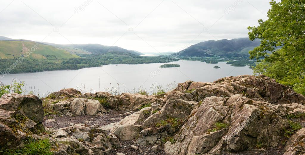 The Landscape of Derwentwater from Surprise View viewpoint near Keswick town, in Lake District, UK