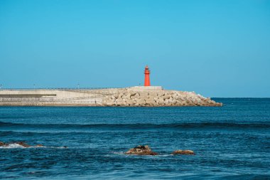 Dalgalar, açık mavi gökyüzü altında kırmızı deniz fenerleriyle Güney Kore 'deki Sokcho İskelesi' ndeki dalgakırana doğru ilerliyor..