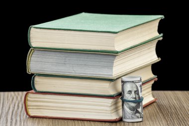 Kitap ve bir tübül dolar yığını.