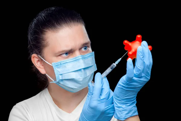 Doctor Blue Eyes Serious Face Protective Mask Sterile Gloves Holds — Stock Photo, Image