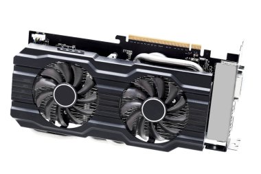 Bilgisayar aygıtı bileşenlerini soğutmak için ısıtıcı ve soğutuculu video kartı beyaz arkaplanda izole edilmiş pci konnektör grafik gpu ile siyah renkte tasarlandı.