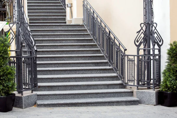 Gray Granite Staircase Stone Steps Climbing Upward Iron Railing Sidewalk — Stock Photo, Image