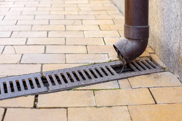 Pvc Downpipe Rainwater System Drainage Grate Stone Tile Sidewalk House — Stock Photo, Image