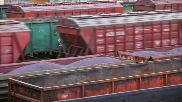 Odessa Ukraine 2014年11月26日 穀物輸送のための鉄道車両がオデッサ港の港湾駅で鉱石とゴンドラ車の間で行く — ストック動画