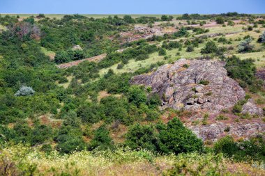 Güneşli bir yaz gününde çimenler ve ağaçlar arasında granit figürlü doğal kanyon manzarası, dağlık yamaçlar, çevresel bir yer, hiç kimse..