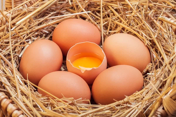 The eggs which are laid out in a basket with hay. — Stock Photo, Image