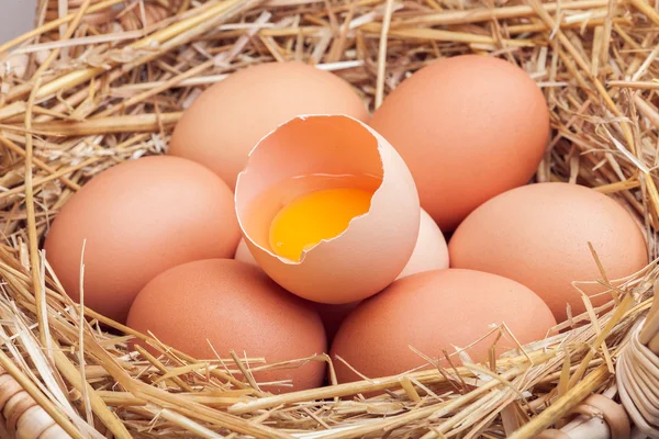The eggs which are laid out in a basket with hay. — Stock Photo, Image