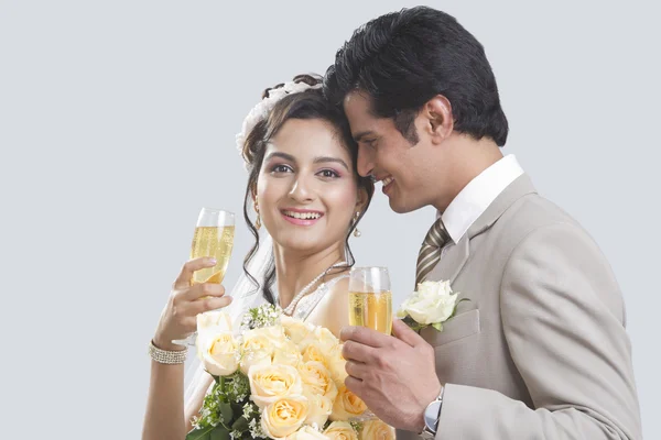 Bride and Bridegroom drinking champagne — Stock Photo, Image