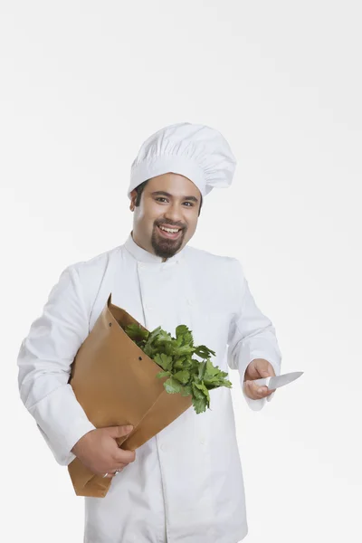 Chef com saco de legumes — Fotografia de Stock
