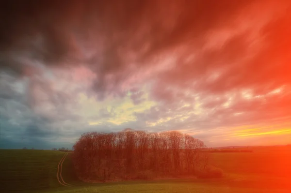 Západ slunce nad zelené pole s mraky — Stock fotografie