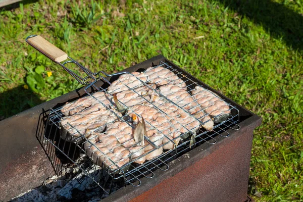 Top view of the browned steaks of red coho salmon fried on charcoal in a barbecue on a summer day in the country. Cooking a wholesome outdoor grill dinner. — Stock Image Top View Browned Steaks Red Coho Salmon Fried Charcoal Barbecue Stock Picture