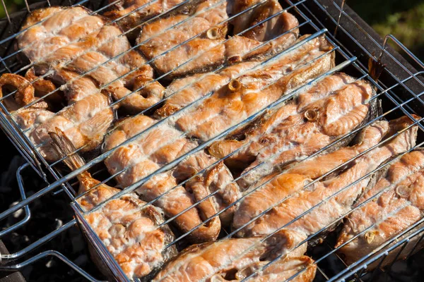 Top view of the browned steaks of red coho salmon fried on charcoal in a barbecue on a summer day in the country. Cooking a wholesome outdoor grill dinner. — Stock Image Top View Browned Steaks Red Coho Salmon Fried Charcoal Barbecue Stock Picture
