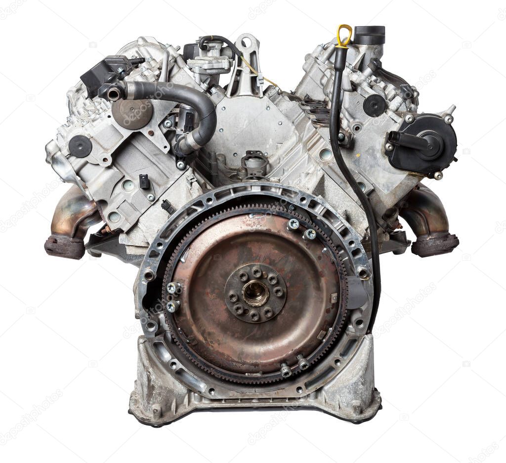 Close Up of V6 engine for the maintenance and repair of a car in a auto service on white isolated background. Vehicle parts catalog.