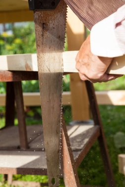 Marangozun elinde keskin dişleri olan siyah plastik saplı metal bir el testeresi kenarlarında küçük parçalar olan tahta kirişleri keserken. Bir yaz gününde. Kulübe inşaatı. 