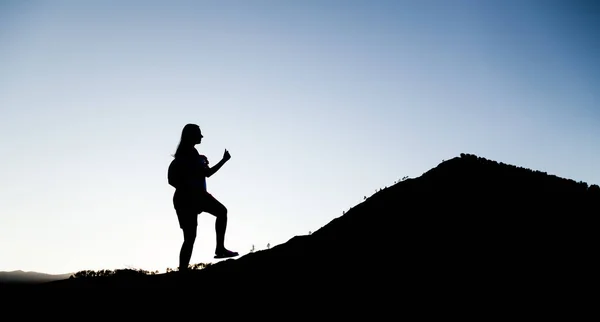 Silhouette Woman Giant Strides Mountainside Career Ladder Travel Business Success — Stock Photo, Image