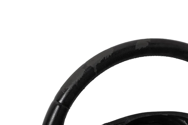 Leer Stuurwiel Zwarte Kleur Met Beschadigd Materiaal Slechte Kwaliteit Werkplaats — Stockfoto
