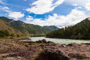 Katun nehrinin kıyısında turkuaz kil ve kumlu bir plaj içeren su, dağların arka planında kayalık yeşil orman ve beyaz bulutlarla kaplı mavi gökyüzü..