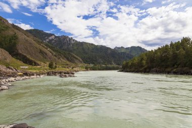 Katun nehrinin kıyısında turkuaz kil ve kumlu bir plaj içeren su, dağların arka planında kayalık yeşil orman ve beyaz bulutlarla kaplı mavi gökyüzü..