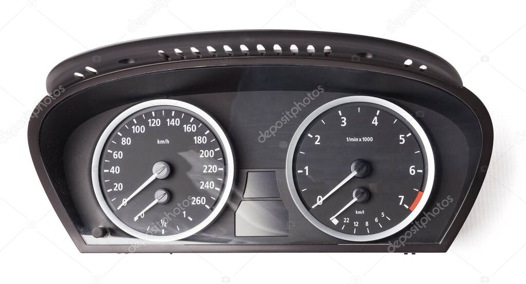 The dashboard of the car with white arrows with a speedometer, tachometer and other tools to monitor the condition of the vehicle in modern style on white isolated background