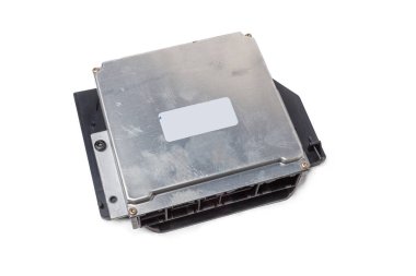 Metallic car engine control unit with plastic elements on a white isolated background is connecting center of various subsystems, units and assemblies. Monitoring the state of the moment. Spare part clipart